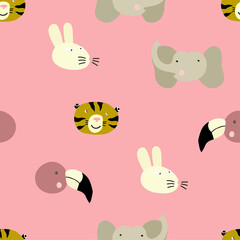 Cute  seamless colorful  pattern with heads of exotic animals and birds in hand-drawn style  on the pink background. Simple and stylish trendy fabric design for children.