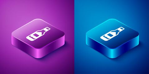 Isometric Tabasco sauce icon isolated on blue and purple background. Chili cayenne spicy pepper sauce. Square button. Vector.