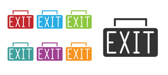 Black Exit icon isolated on white background. Fire emergency icon. Set icons colorful. Vector.