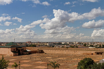 Rooftop view of city Meknes, Morocco. With in the foreground the roof of the old Prison de Kara of the christian slaves. Cityscape Meknes with blue white cloudy sky