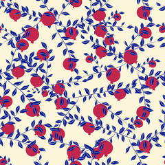 An abstract seamless pattern depicting pomegranates.