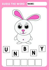 GUESS THE WORD. Spell the word  - bunny.  Symbol 2021.Educational and logical game for kids. Illustration and vector outline - A4 paper ready to print.