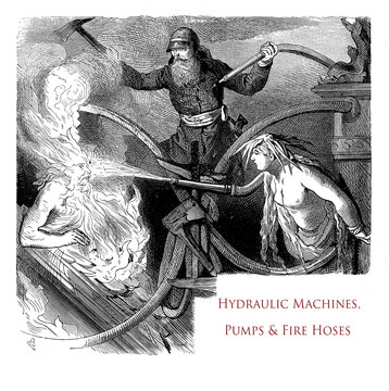 Beautiful typographic front chapter image of a vintage book about fire, hydraulic machines and fire hoses decorated by a fireman and mythological figures