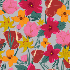 Obraz na płótnie Canvas A seamless repeat pattern showcasing exotic tropical flowers.