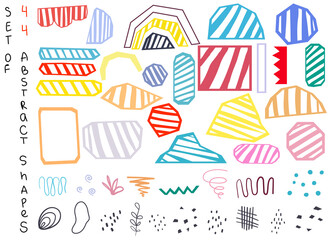 Obraz premium Set of fourty four abstract shapes. Bright doodles for backgrounds, posters, social media, app design. Various modern minimalist elements, lines, dots. Vector flat design illustration.