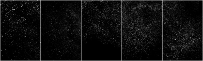 Set of distressed white grainy texture. Dust overlay textured. Grain noise particles. Snow effects pack. Rusted black background. Vector illustration, EPS 10.   
