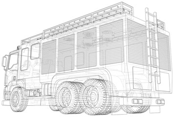Fire Engine vector. Fire truck Wire-frame line isolated. Vector rendering of 3d.