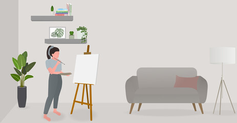 Woman using weekend holiday with drawing at living room. She thinking about what to draw.