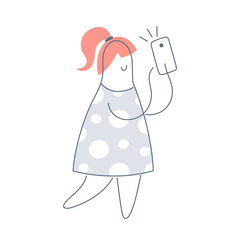 Selfie, make a photo concept, a girl walking down the street and using a smartphone. Flat line isolated vector illustration on white background.