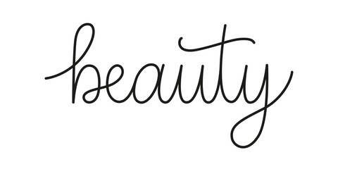 Beauty phrase handwritten by one line. Mono line vector text element isolated on white background.