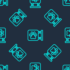 Green line Veterinary clinic symbol icon isolated seamless pattern on blue background. Cross hospital sign. A stylized paw print dog or cat. Pet First Aid sign. Vector.