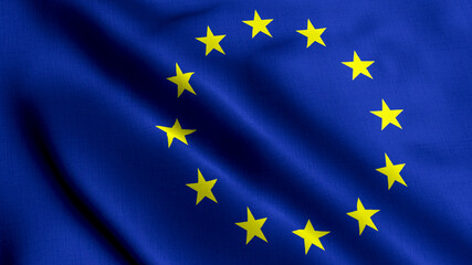 EU Satin Flag. Waving Fabric Texture of the Flag of EU, Real Texture Flag. Realistic Flag. Waving Flag of the European Union