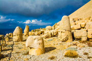 Nemrut has giant sculptures and reliefs were built on the monumental tomb made for Antiochus I the...