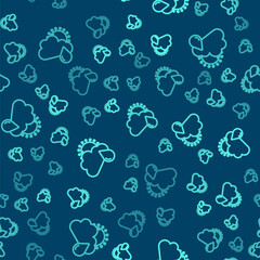 Green line Cloud with rain and sun icon isolated seamless pattern on blue background. Rain cloud precipitation with rain drops. Vector.