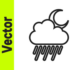 Black line Cloud with rain and moon icon isolated on white background. Rain cloud precipitation with rain drops. Vector.