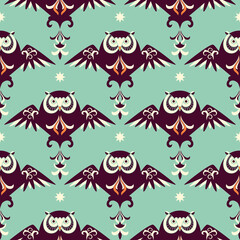 Seamless pattern with owls and stars