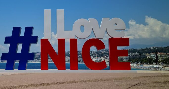 Large Letters With Hashtag Sign I LOVE NICE, Logo Symbol On Mediterranean Sea View And Cityscape Of Nice City On The French Riviera, France, Europe - DCi 4K Resolution
