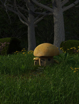 Fantasy illustration of a tiny toadstool house in a dark forest, 3d digitally rendered illustration