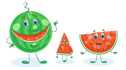 One funny big watermelon and two different sized slices. In cartoon style. Isolated on white background. Vector flat illustration.