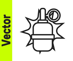 Black line Hand grenade icon isolated on white background. Bomb explosion. Vector.