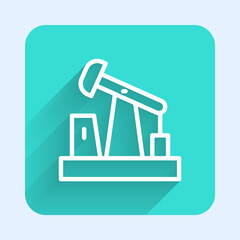 White line Oil pump or pump jack icon isolated with long shadow. Oil rig. Green square button. Vector.