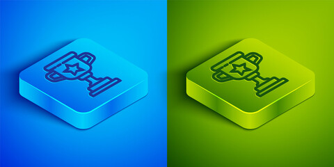 Isometric line Award cup icon isolated on blue and green background. Winner trophy symbol. Championship or competition trophy. Sports achievement sign. Square button. Vector.