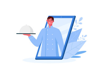 Online food delivery. Chef character looking out of phone and holding the dish. Online ordering food in a restaurant. Ordering take away food online on a smartphone. Flat cartoon vector illustration.