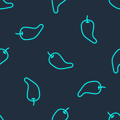 Obraz premium Green line Hot chili pepper pod icon isolated seamless pattern on blue background. Design for grocery, culinary products, seasoning and spice package, cooking book. Vector.