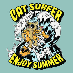 retro cat surfing illustration for t-shirt