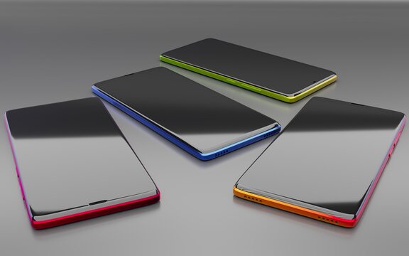 Four modern black smartphones with reflections on the screen lie on a smooth dark surface in perspective view, 3d rendering 
