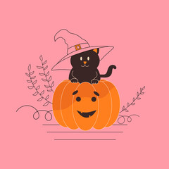 Halloween pumpkin. Black Cat with witch hat and Pumpkin. Vector