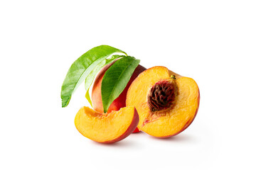 Peach fruit, half, slice with leaf isolated on white background. Clipping path. Full depth of field