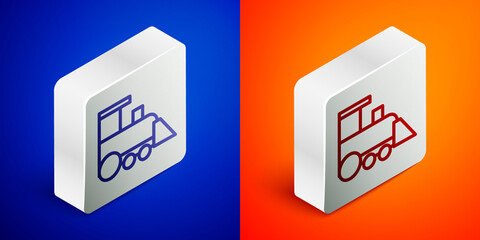 Isometric line Toy train icon isolated on blue and orange background. Silver square button. Vector.