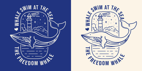 mono line whale with mercusuar illustration © fav