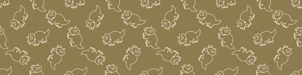 Seamless background cute triceratops dinosaur gender neutral baby border pattern. Simple whimsical minimal earthy 2 tone color. Kids nursery decor edging fashion ribbon trim. © Limolida Studio