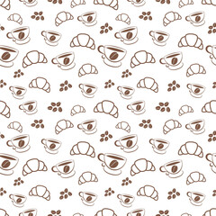 Seamless pattern of coffe in beans, a cup and a roll. Vector illustration
