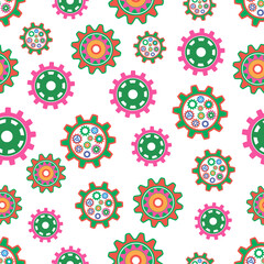 Seamless pattern with collection of colored gears.