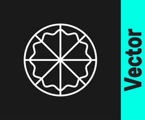 White line Pizza icon isolated on black background. Fast food menu. Vector.
