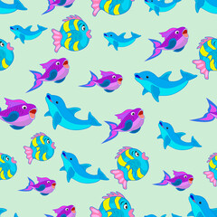 Fototapeta premium Seamless pattern of cartoon dolphins and fish. Illustration on a marine theme.