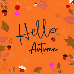 Hello Autumn background with leaves and typography design