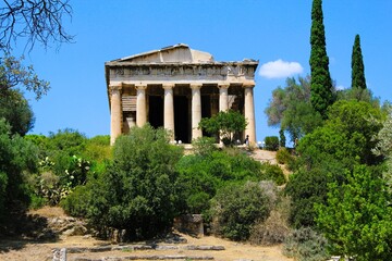 Fototapeta na wymiar Greece, Athens, July 27 2020 - The Temple of Hephaestus or Hephaisteion at the Ancient Agora archaeological site.