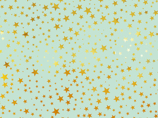 Many stars are golden in color with a reflective effect on a green background. 3D rendering