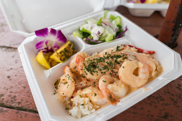 Garlic shrimps at North shore Oahu in Hawaii