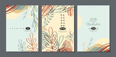 Wedding, birthday or anniversary invitation design concept. Asian minimalism style documents template with floral shapes and leaves. Vector image.