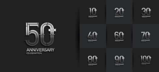 Anniversary logotype set with silver color and ribbon. vector design for celebration purpose, greeting, invitation card	
