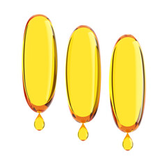 Three translucent golden capsules with flowing drops of oil. 3D rendering