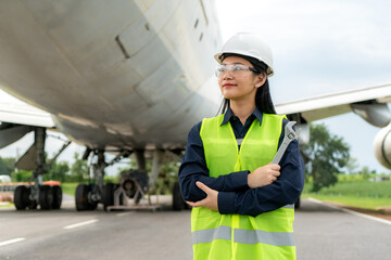 Asian woman engineer maintenance airplane arm crossed and holding wrench in front airplane from...