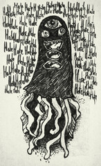 Hand drawn textured illustration with hate monster creature. Vintage sketch style drawing. 