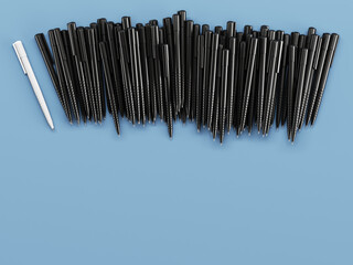 A white pen and a large group of black on a blue background. 3D rendering