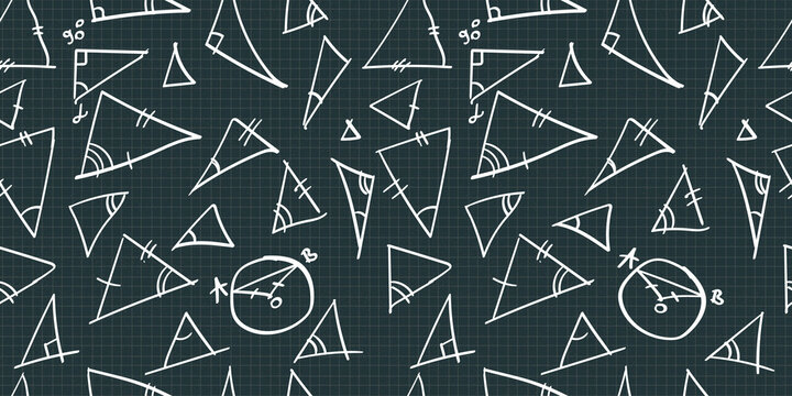vector cute seamless pattern with handwritten white mathematical figures, triangles, corners on the dark blue or black squared paper